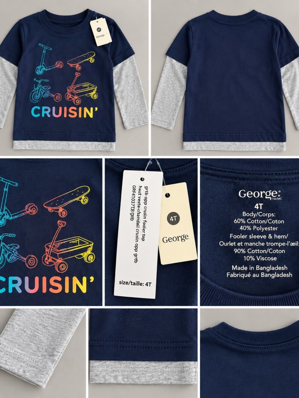 George Boys 4T Cruisin’ Graphic Fooler Long Sleeve Tee Navy Grey NWT